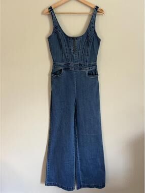 Guess Zipper-Front Sleeveless Denim Jumpsuit, Wide Leg, Size 29
